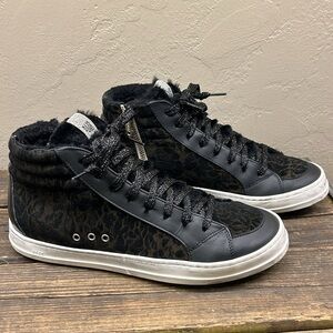 P448 Skate Boster Black Leopard Print Suede Fur Lined High Top Sneakers 40/9-9.5
